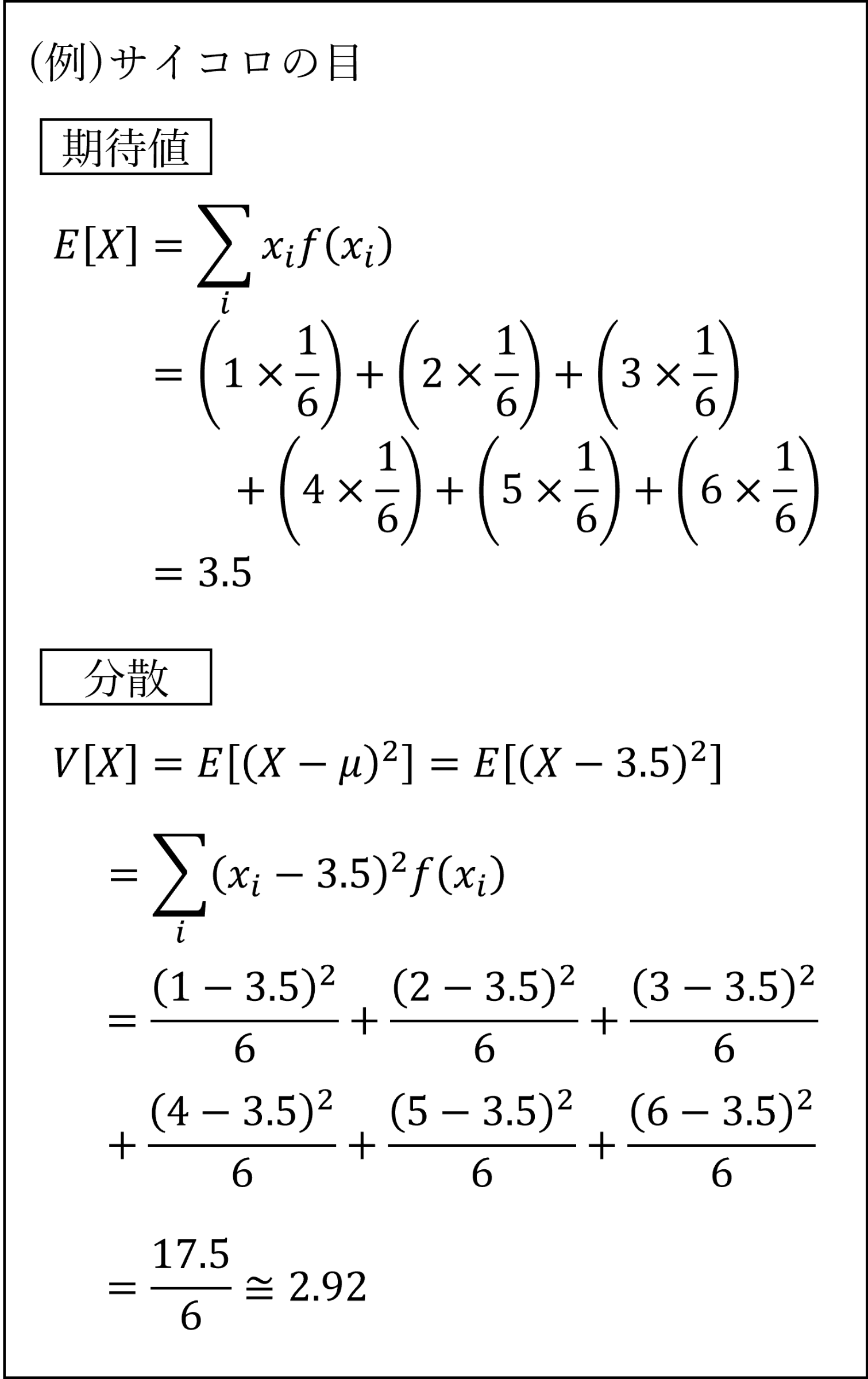 離散型確率分布の期待値と分散の例